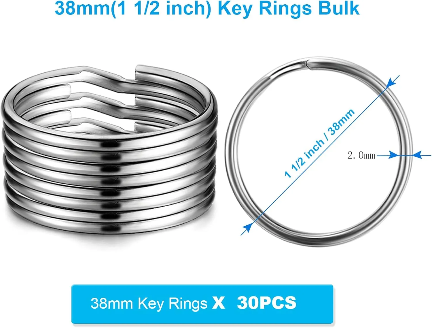 YHYZ 1.5 inch Key Rings Bulk (30pcs, Round), 38mm (1 1/2 inch) Sliver Metal Spilt Key Rings, for Kechain Chain/Dog Collar tag/DIY Craft Jewelry Making/Car Key