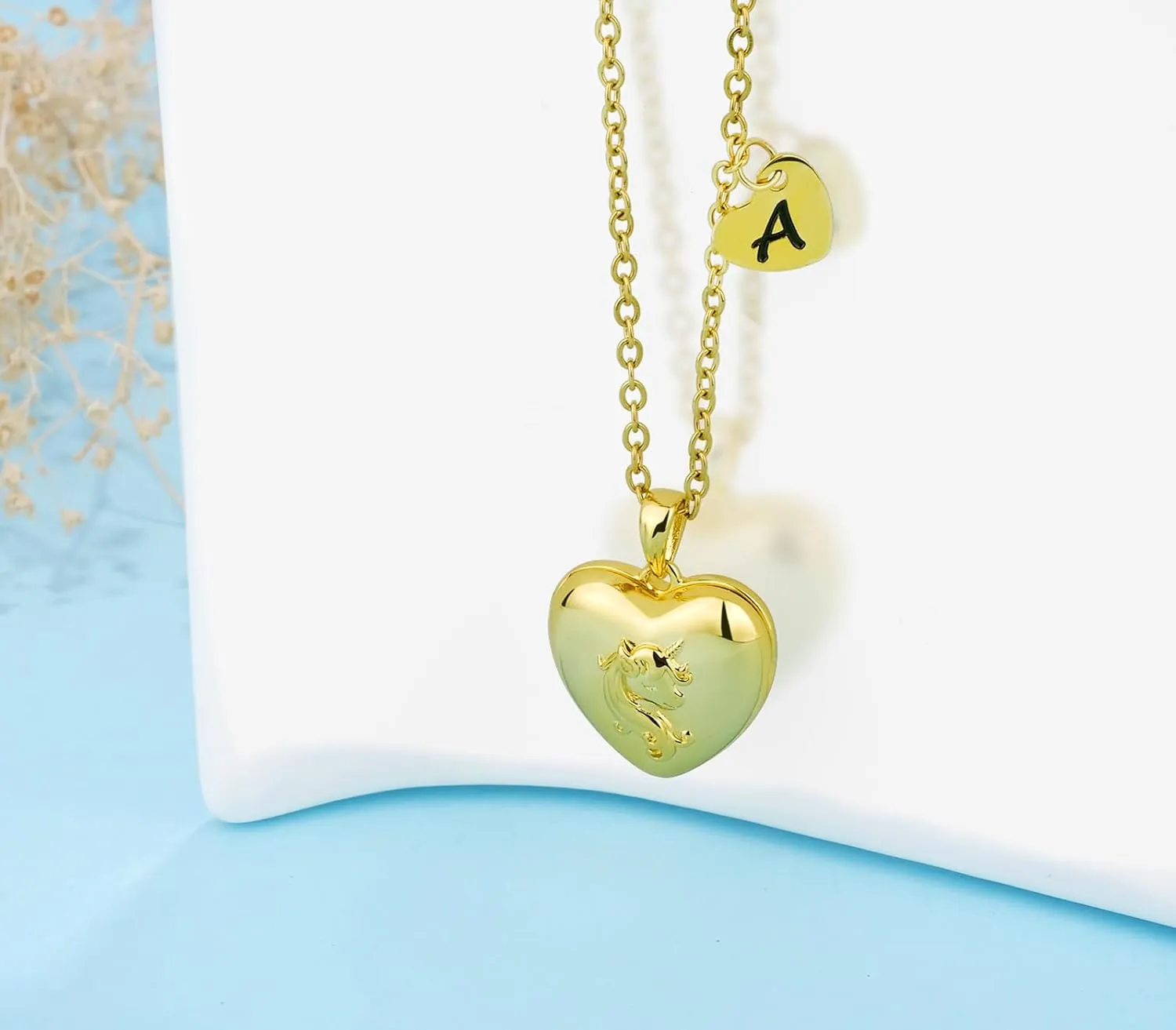 YOUFENG Heart Letter Unicorn Locket Necklace Initial Locket that Holds Pictures 18K Gold Plated Locket Birthday Gifts