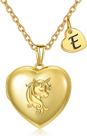 YOUFENG Heart Letter Unicorn Locket Necklace Initial Locket that Holds Pictures 18K Gold Plated Locket Birthday Gifts