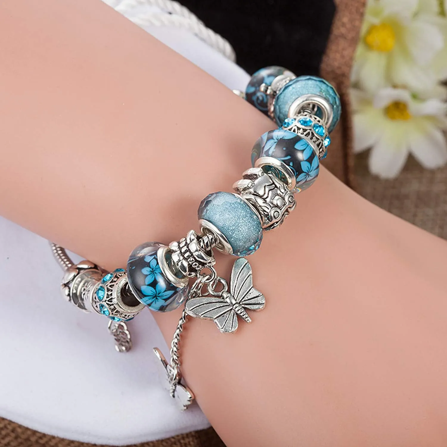 YOUFENG Love Beads Charms Bracelet for Women Snake Chain Unicorn Charm Flower Charms Bracelets Birthday Gifts for Her Amethyst Bracelet