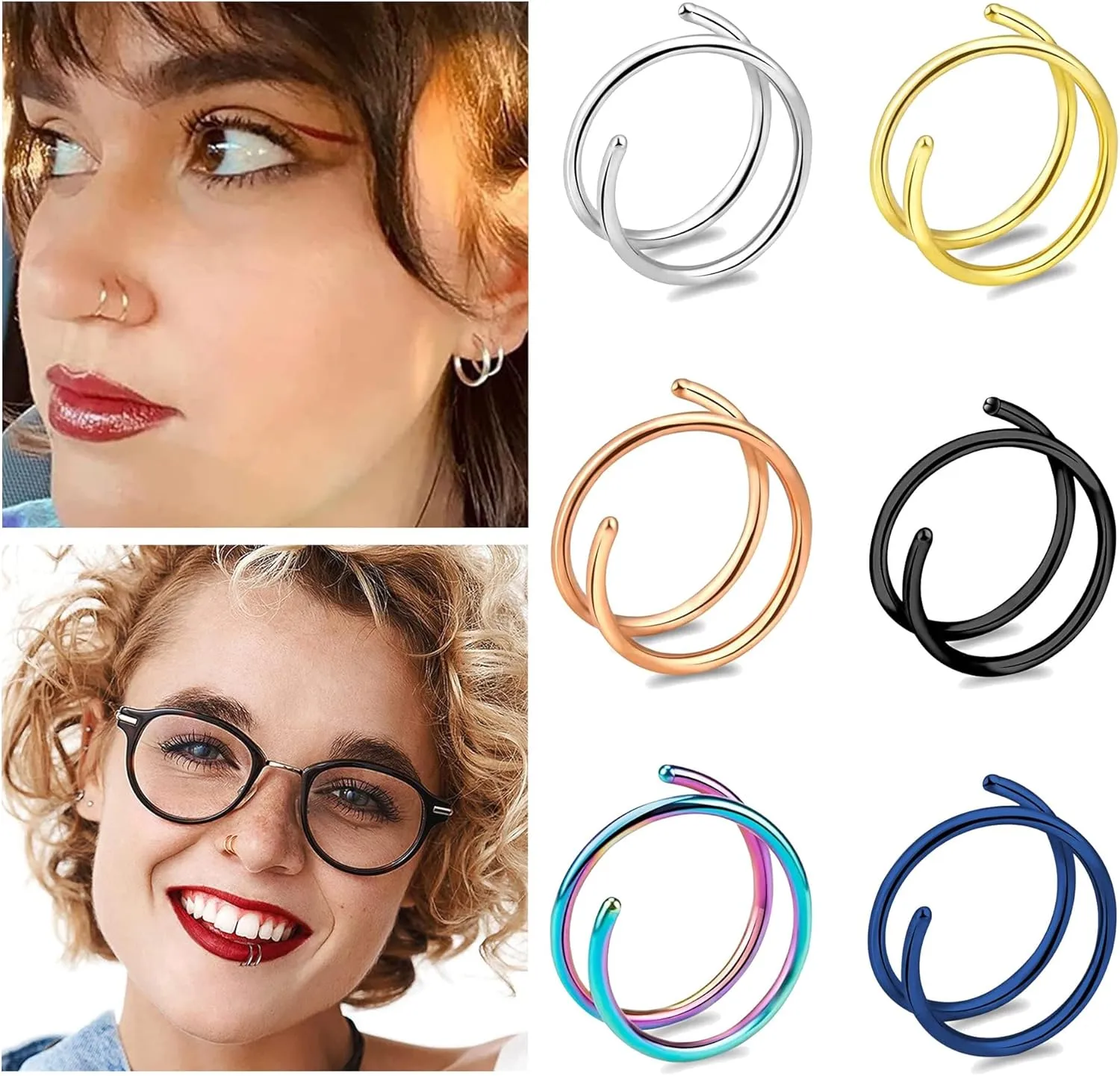 ZMANYIJEW 3-8Pcs Stainless Steel Double Hoop Nose Ring for Single Piercing Bendable Twist Spiral Nose Rings Hoops for Women 8mm