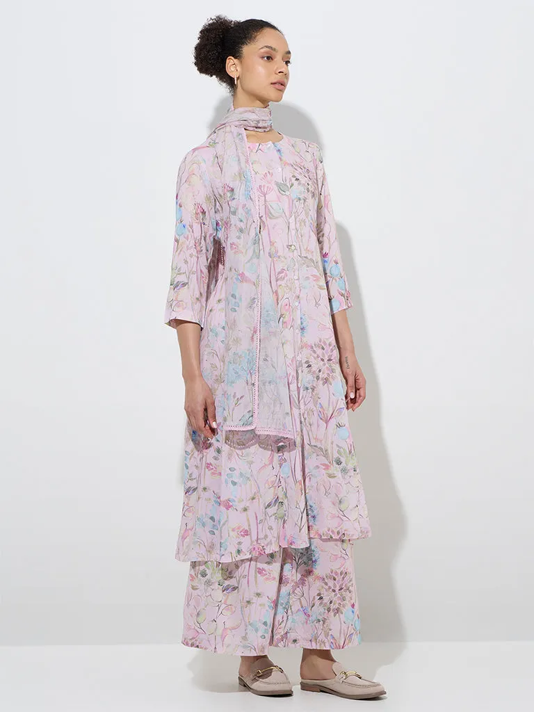 Zuba Pink Foliage Pattern Cotton-Blend Stole