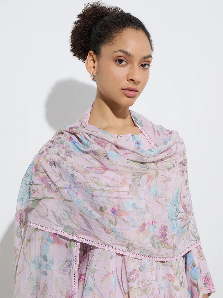Zuba Pink Foliage Pattern Cotton-Blend Stole