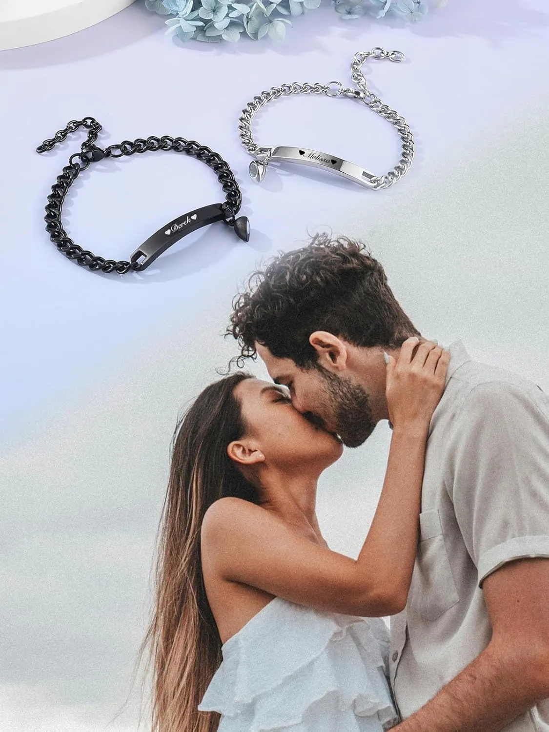 Zysta 2pcs Personalized Name Bar ID Couple Bracelet Stainless Steel Customized Couple Bracelets Mutual Attraction Custom Relationship Bracelet Personalized Jewelry for Men Women Lover